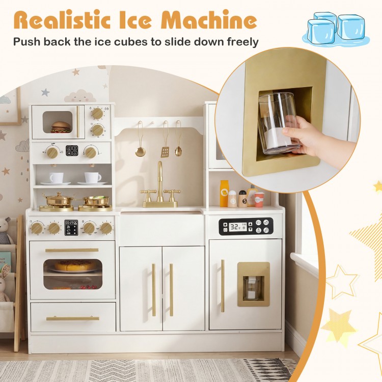 Wooden kids kitchen playset featuring a realistic ice machine and interactive elements for imaginative play.