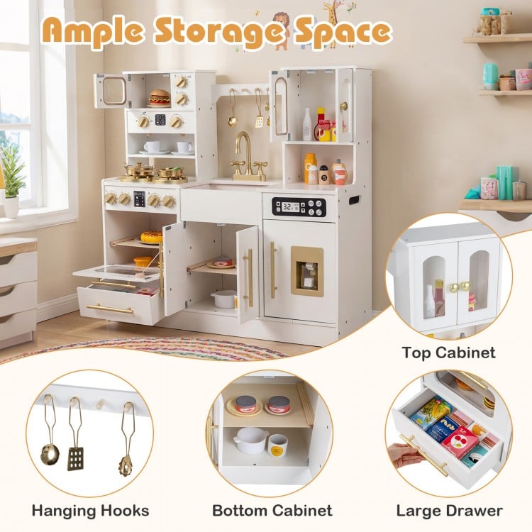Wooden kids kitchen playset in white with ample storage, featuring a top cabinet and hanging hooks for organization.