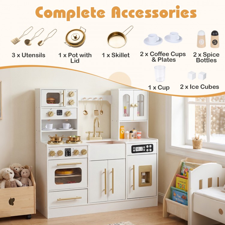 Complete accessories for the wooden kids kitchen playset in white, including utensils, pots, cups, and spice bottles.