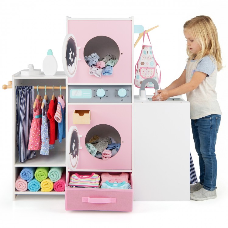 Wooden kids laundry playset in pink with washing machines, sink, and accessories for imaginative role play and fine.