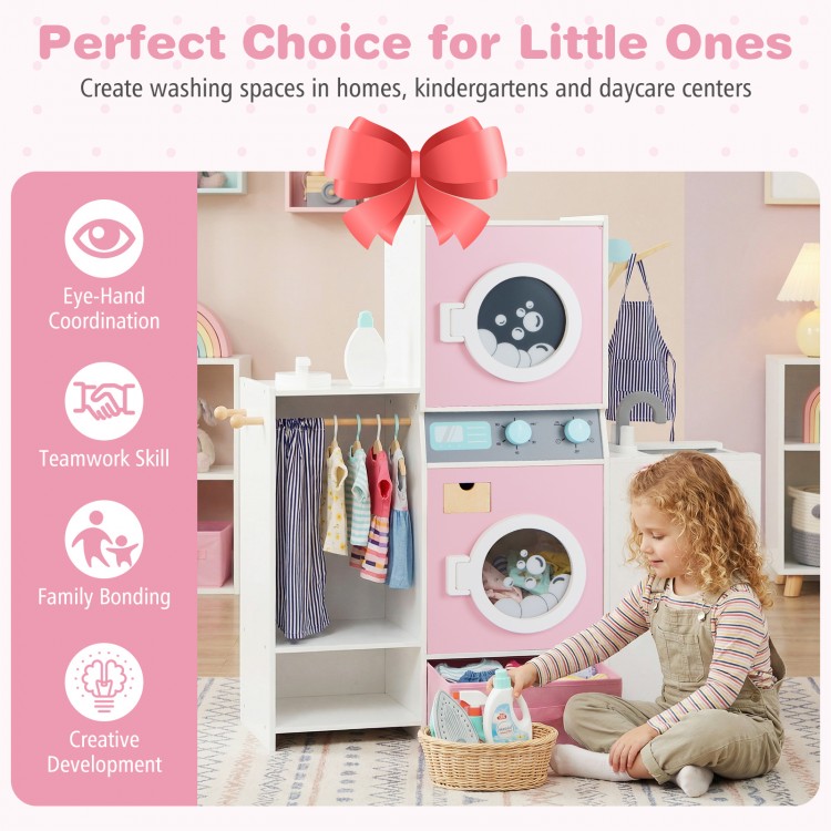 Wooden kids laundry playset in pink with washing machines, detergent bottle, and clothes hangers for imaginative play.