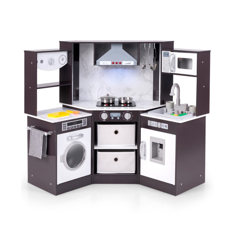 Wooden kids play kitchen playset with realistic lights and sounds, featuring a sink, stove, and cooking accessories for.