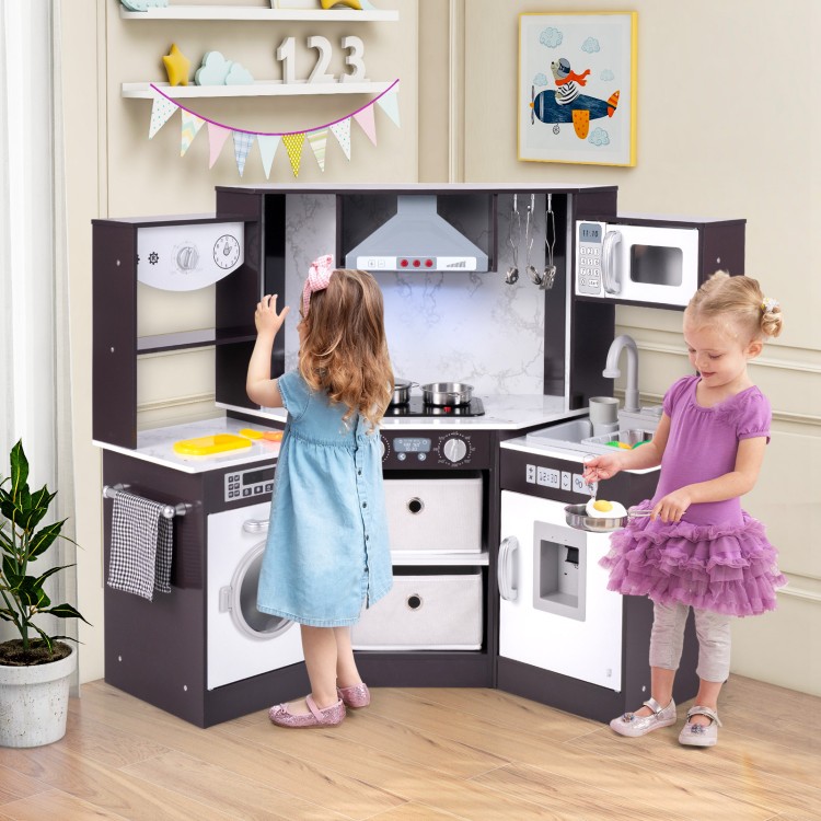 Wooden kids play kitchen playset in coffee color, showcasing a washing machine and lighted microwave for interactive.