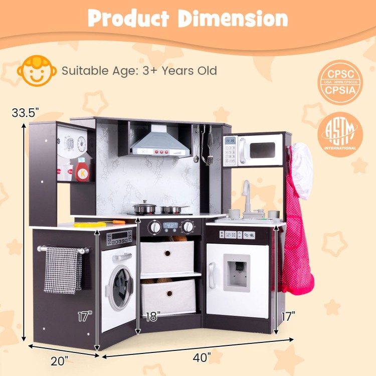 Wooden kids play kitchen playset with realistic lights and sounds, featuring a lighted stovetop and accessories for.