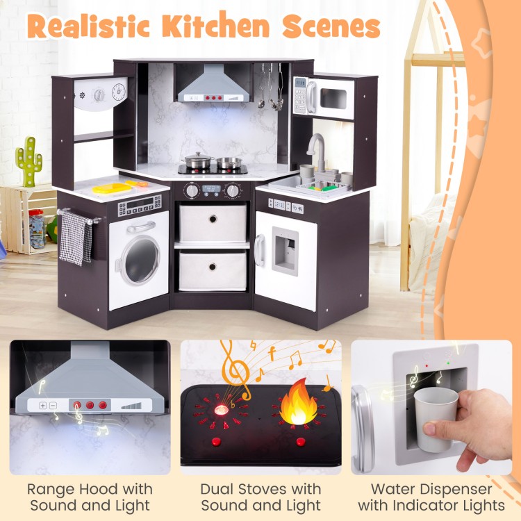 Wooden kids play kitchen playset with realistic lights and sounds, featuring a lighted range hood and stove for.