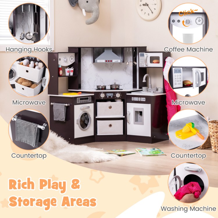 Wooden kids play kitchen playset featuring realistic lights and sounds, perfect for imaginative play and parent-child.