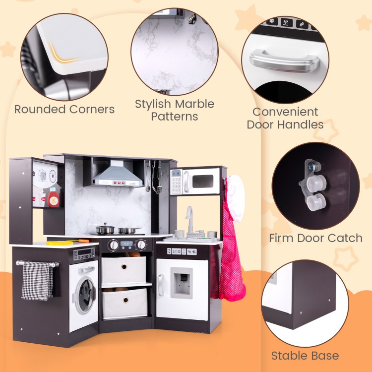 Wooden kids play kitchen playset in coffee color with realistic lights, sounds, and rounded corners for safe play.