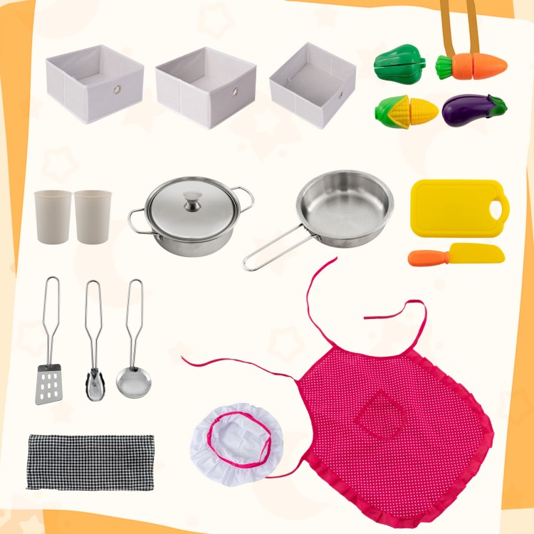 Wooden kids play kitchen set featuring cooking accessories like pots, utensils, apron, and chef hat for imaginative.