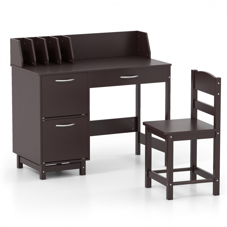 Kids study desk and chair set in dark brown, featuring a solid pine frame, drawer, and two storage cabinets for.
