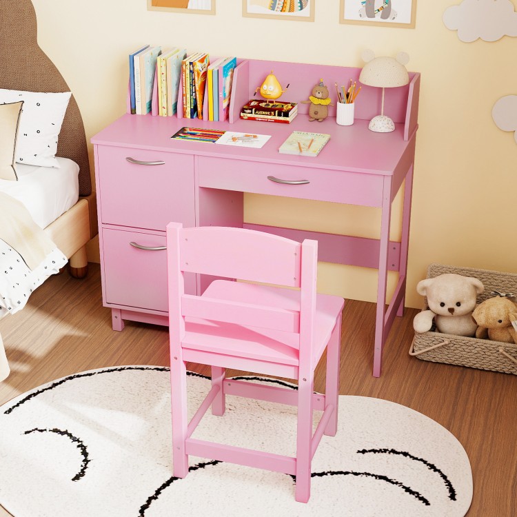 Pink wooden kids study desk and chair set with storage drawers and book sorters for organized learning space.