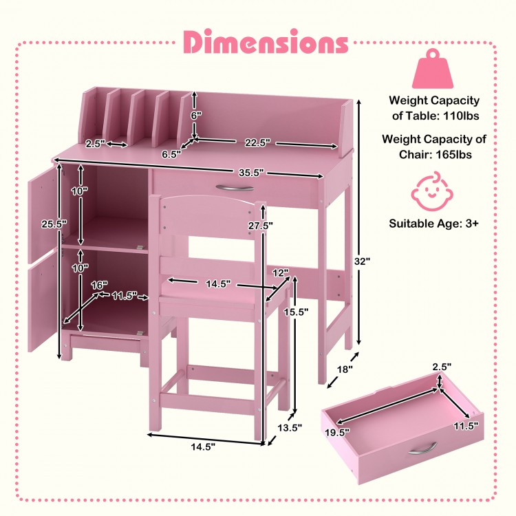Wooden kids study desk and chair set in pink with book sorters, spacious drawer, and ergonomic design for ages 3+.