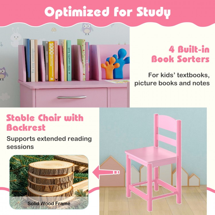 Wooden kids study desk and chair set in pink with 4 book sorters, solid pine frame, and ergonomic design for comfort.