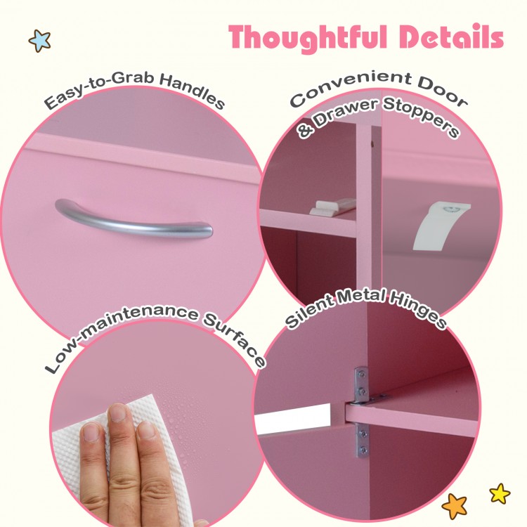 Close-up of the pink wooden kids study desk details, featuring easy-to-grab handles and silent metal hinges for.