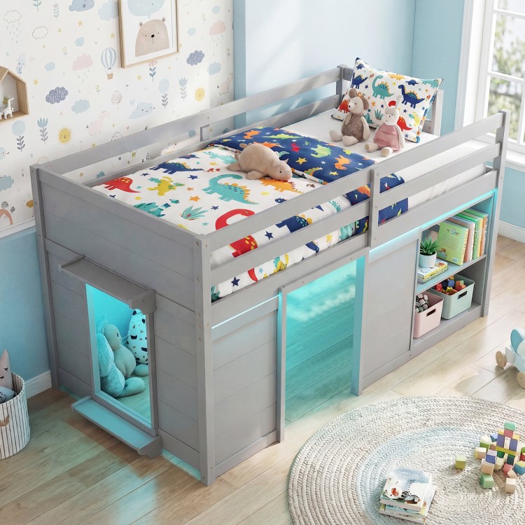 Wooden low kids loft bed in gray with LED lights, spacious under-bed play area, and ample storage for toys and books.