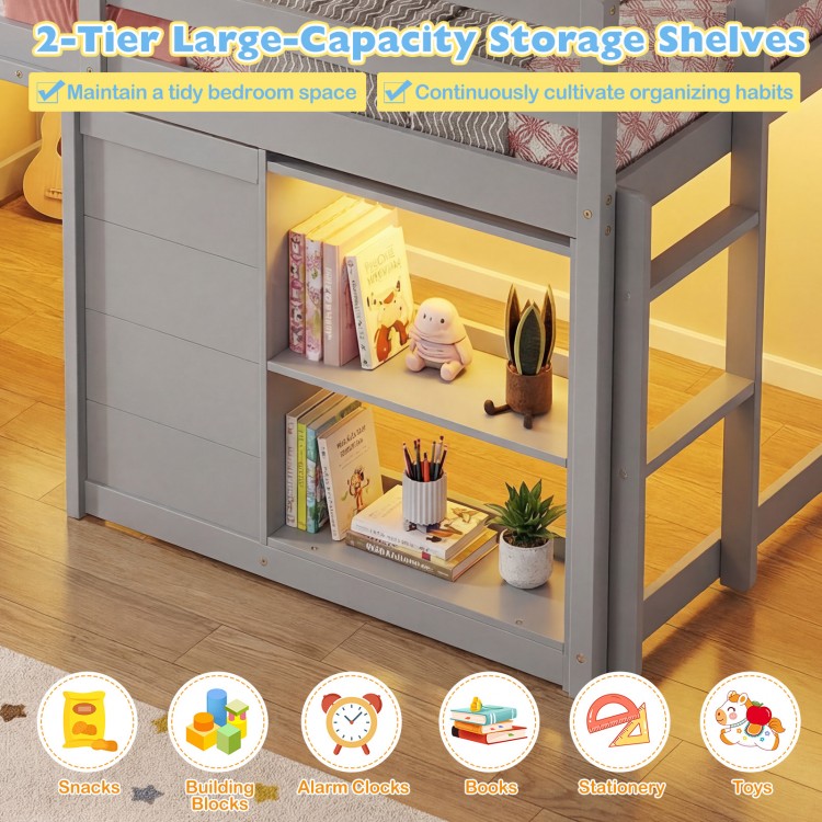 Wooden low kids loft bed in gray with 2-tier storage shelves, LED lights, and ample space for toys and books.
