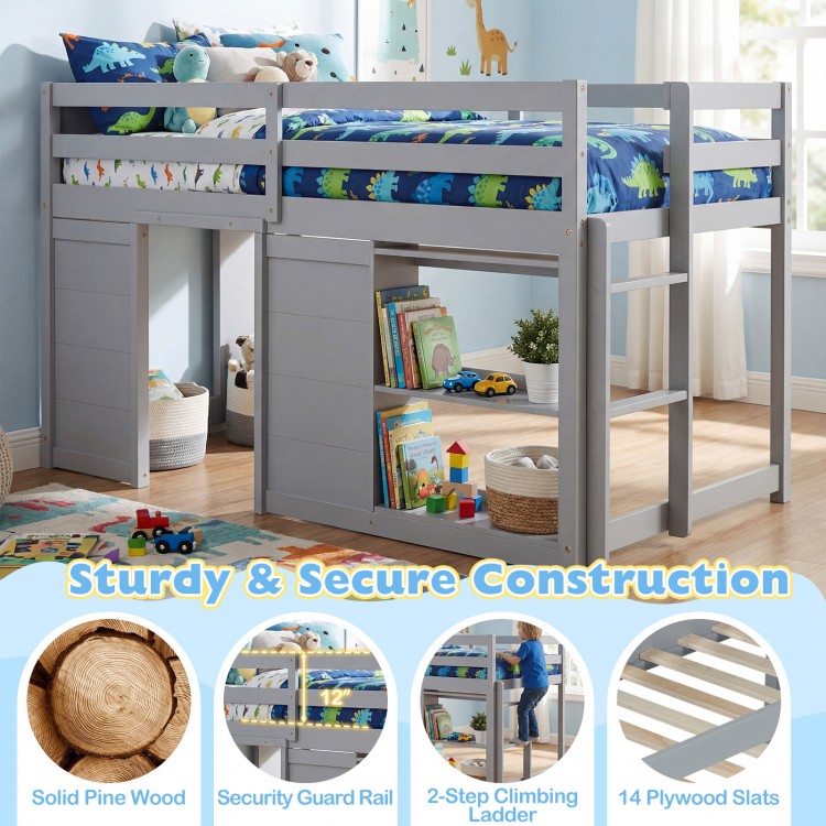 Wooden low kids loft bed in gray with LED lights, security guard rail, and spacious under-bed play area for imaginative.
