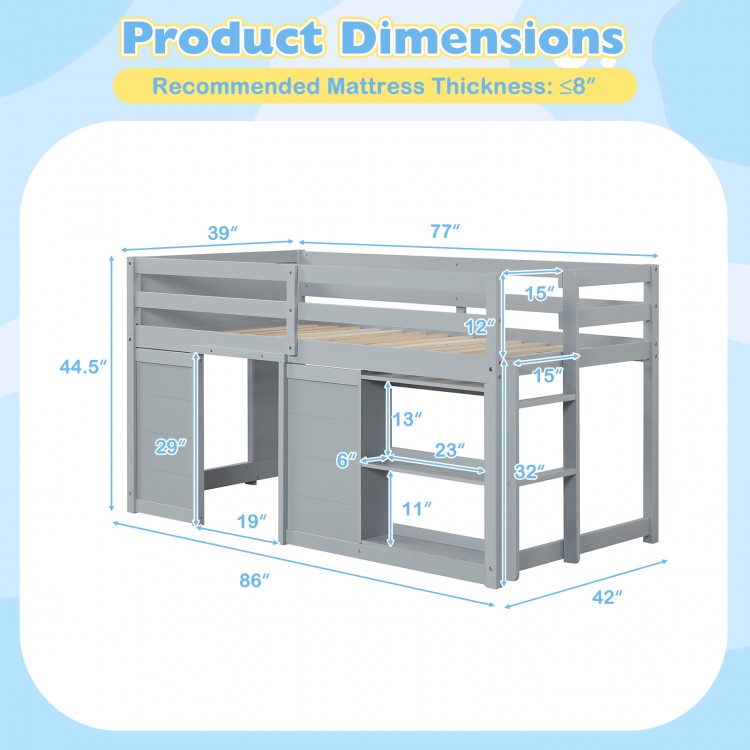 Dimensions of the gray wooden low kids loft bed with LED lights, featuring ample under-bed storage and safety guard.