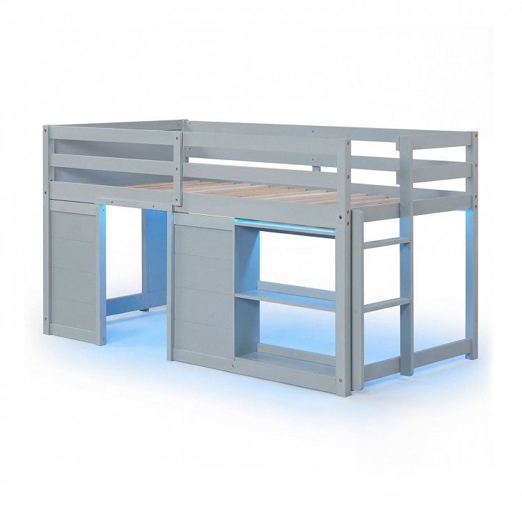 Wooden low kids loft bed in gray with LED lights, spacious under-bed area, and two doors for easy access and storage.