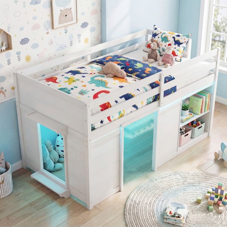Wooden low kids loft bed in white with a 2-step ladder, LED lights, and a cozy under-bed play area for imaginative.