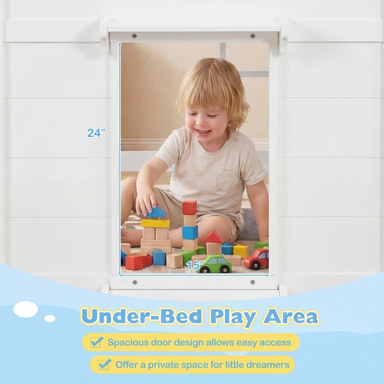 Under-bed play area of the Wooden Low Kids Loft Bed, featuring easy access for imaginative play and vibrant LED lights.