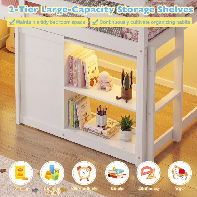 Wooden low kids loft bed with LED lights, spacious under-bed storage for toys, books, and snacks, in white finish.
