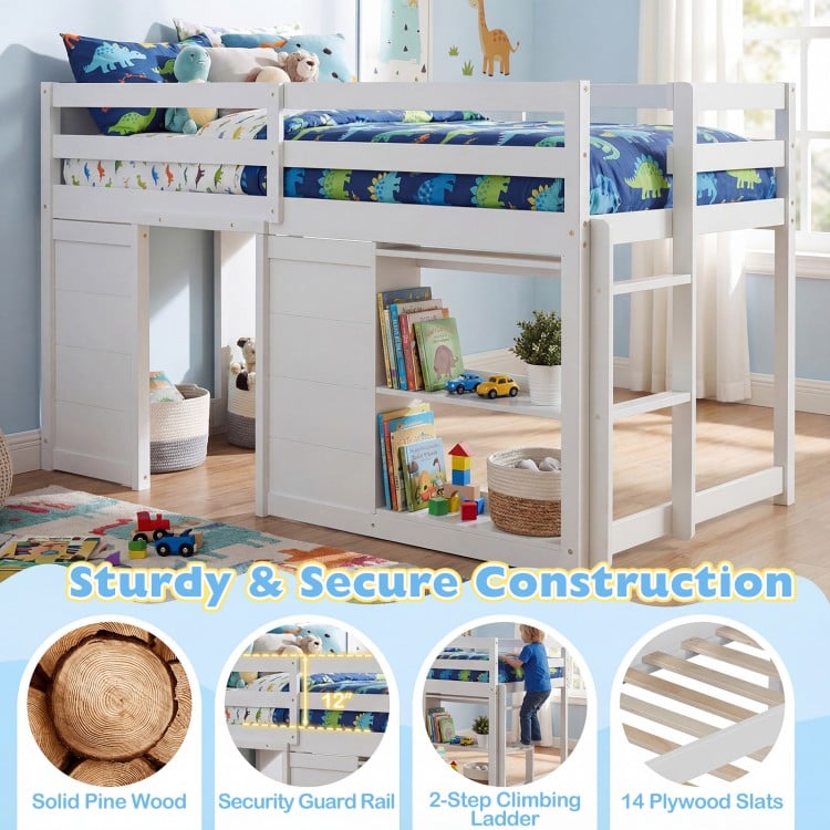 Wooden low kids loft bed in white with LED lights, security guard rail, and under-bed storage for play and organization.