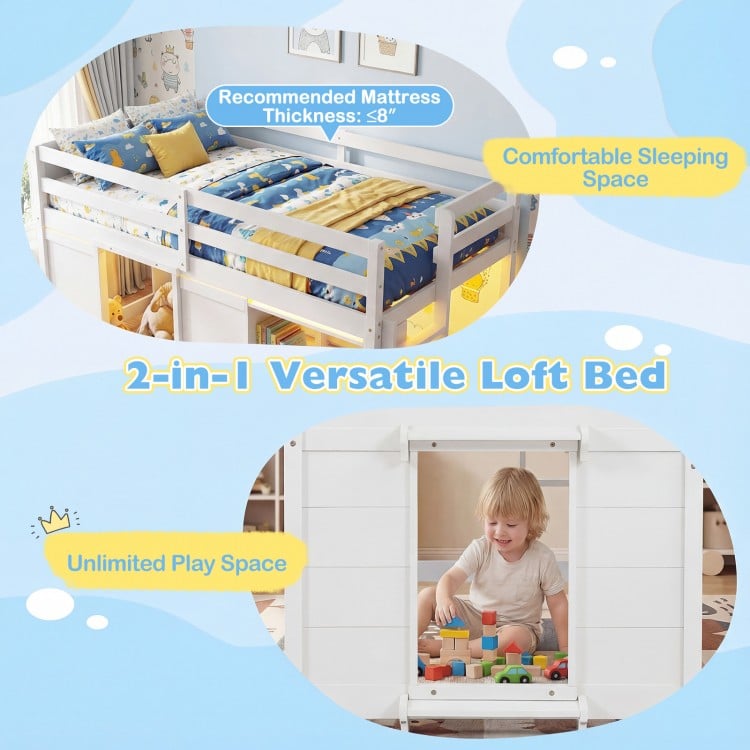 Wooden low kids loft bed in white with LED lights, spacious under-bed play area, and 12" safety guard rail for secure.