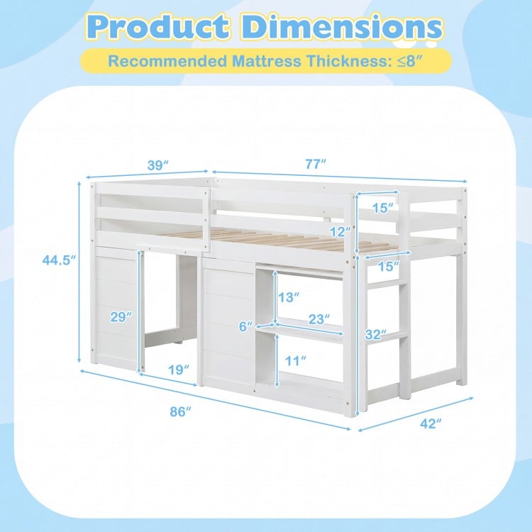 Wooden low kids loft bed in white with LED lights, featuring spacious under-bed area and ample storage for toys and.