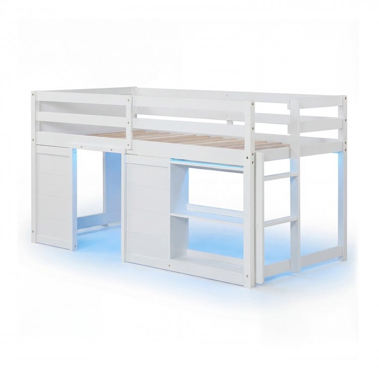 Wooden low kids loft bed in white with LED lights, spacious under-bed area, and two doors for storage and play.