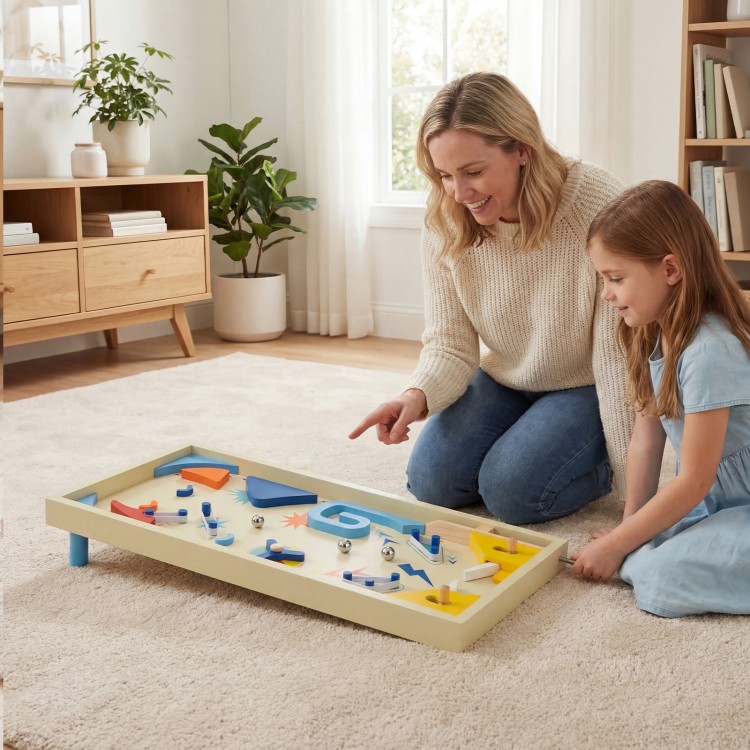 Wooden pinball machine with colorful shapes and three metal balls, perfect for family fun and skill development.