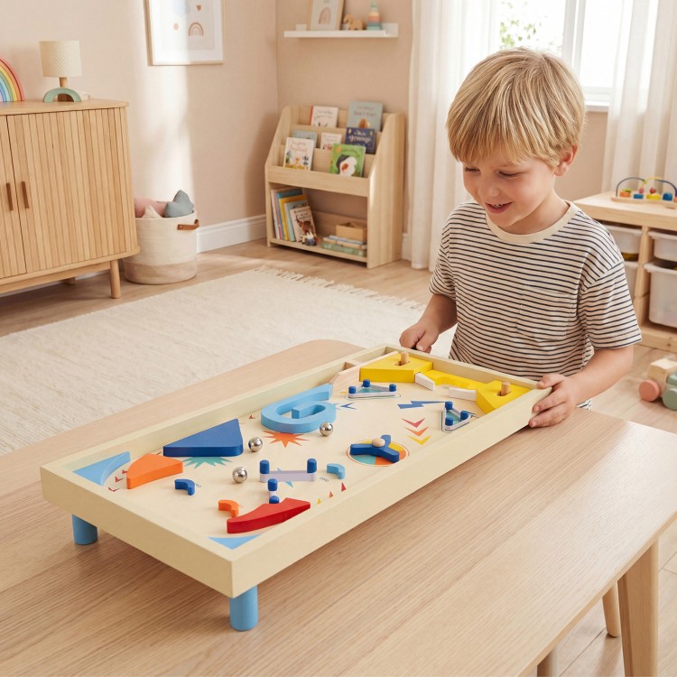 Wooden pinball machine with vibrant colors and 3 metal balls, designed for kids and adults, promoting hand-eye.