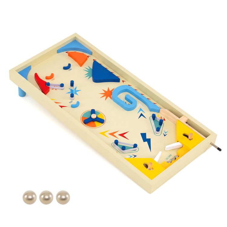 Wooden pinball machine with colorful design, includes 3 metal balls, spring launcher, and flipper controls for family.