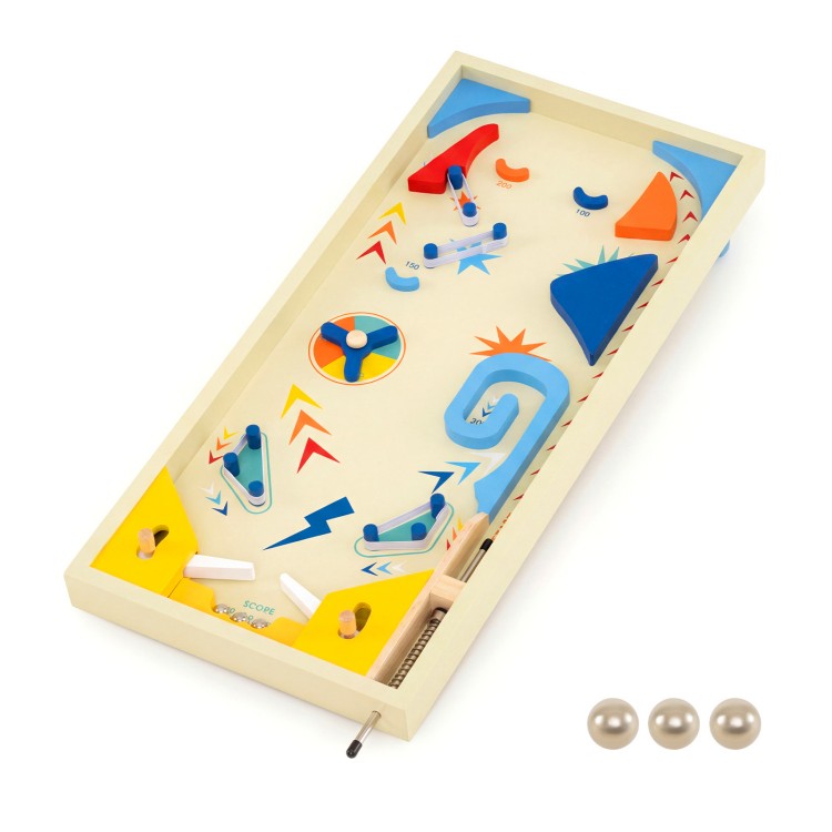 Wooden pinball machine featuring colorful tracks and flippers, includes 3 metal balls for family fun and skill.