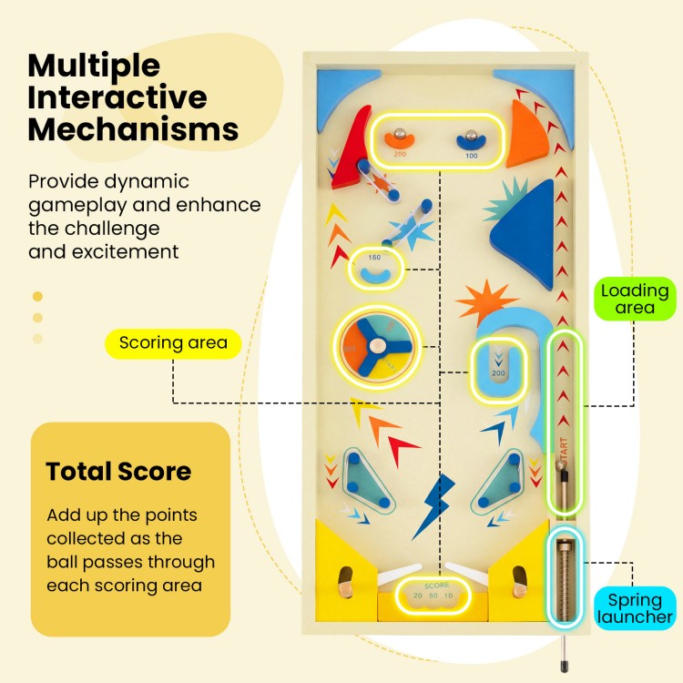 Wooden pinball machine featuring scoring area, spring launcher, and vibrant design for kids and adults' interactive fun.