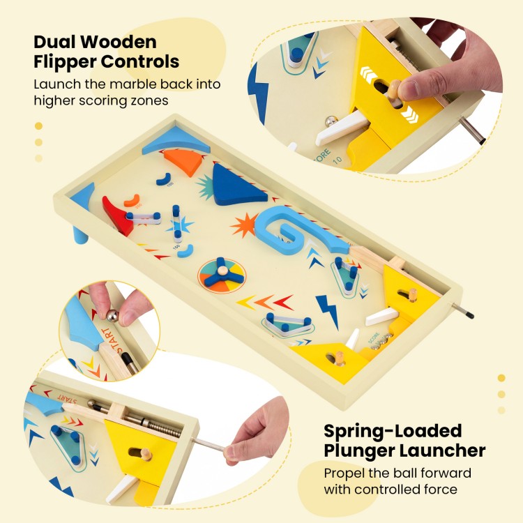 Wooden pinball machine with dual flipper controls and spring-loaded launcher for kids and adults, promoting hand-eye.