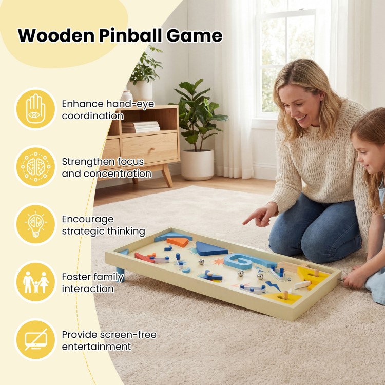 Wooden pinball machine with 3 metal marbles, designed for family fun and enhancing hand-eye coordination.