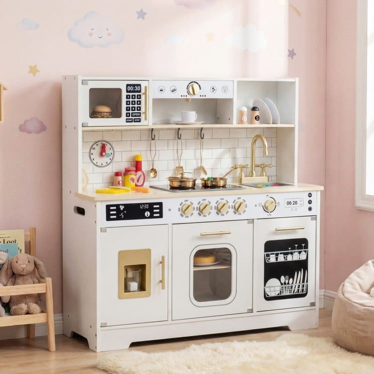 Wooden play kitchen for kids in white with realistic lights, sounds, and accessories for imaginative play and.