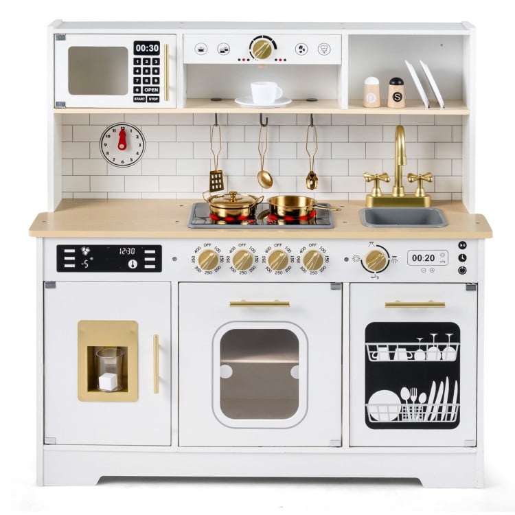 Wooden play kitchen for kids in white with realistic sounds, lights, and accessories for imaginative play and.