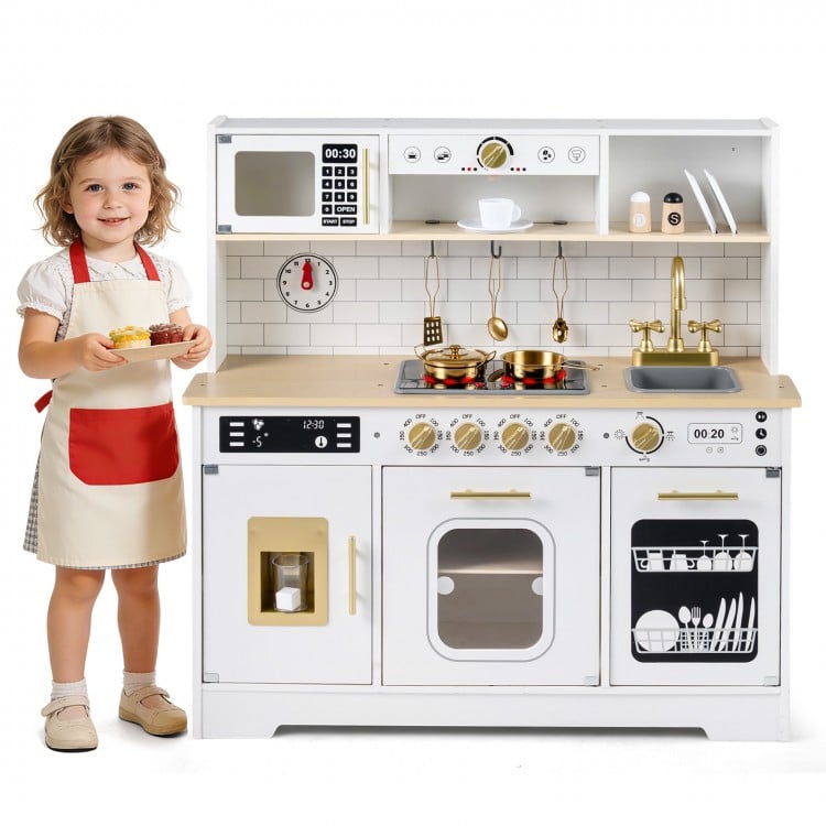 Wooden play kitchen for kids featuring realistic lights, sounds, and accessories, perfect for imaginative play and.