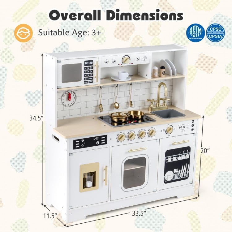Wooden play kitchen for kids with realistic lights and sounds, featuring stove, sink, and ample storage for imaginative.