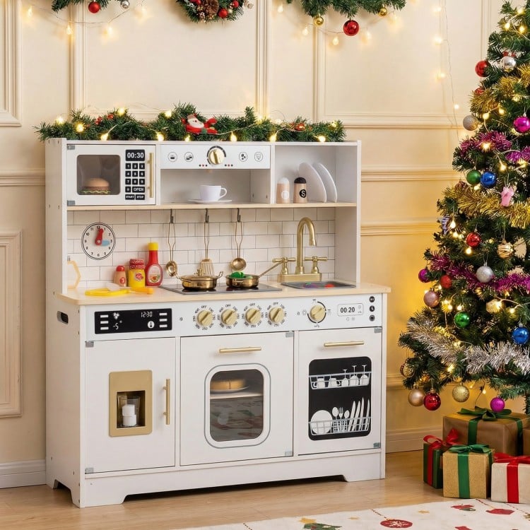 Wooden play kitchen for kids in white with realistic lights, sounds, and multiple accessories for imaginative play.