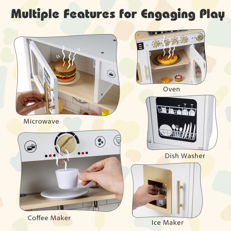 Wooden play kitchen for kids featuring an oven, microwave, coffee maker, and ice maker with realistic sounds and lights.