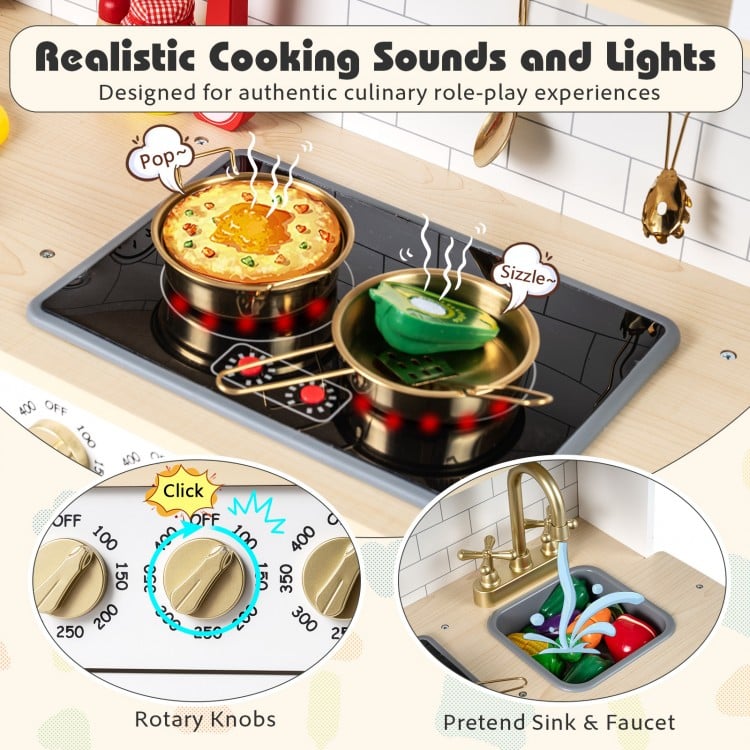 Wooden play kitchen with realistic cooking sounds, lights, and rotary knobs, featuring a pretend sink and faucet for.