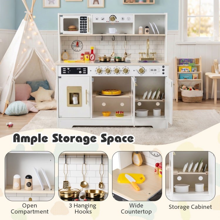 Wooden play kitchen for kids featuring realistic lights, sounds, and ample storage with open shelves and hanging hooks.
