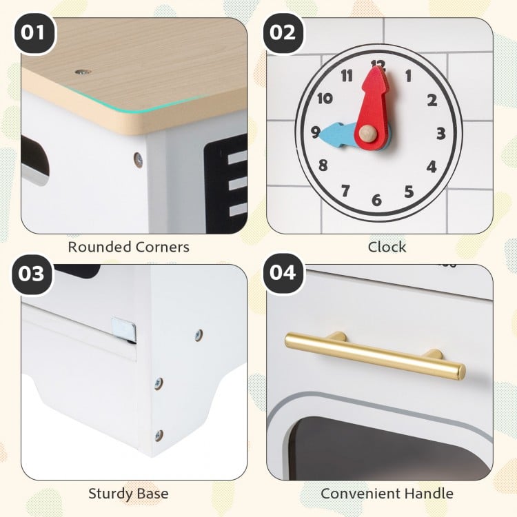 Rounded corners and sturdy base of the white wooden play kitchen for kids, enhancing safety and reliability during.