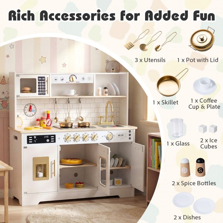 Wooden play kitchen for kids featuring realistic lights, sounds, and accessories for imaginative play and creativity.