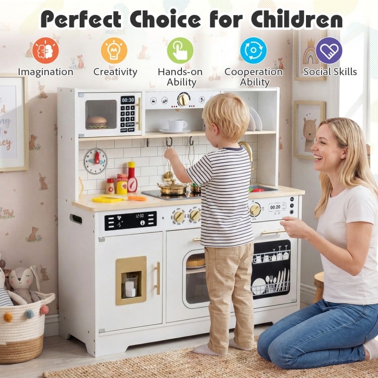 Wooden play kitchen for kids in white featuring realistic lights, sounds, and various cooking accessories for.