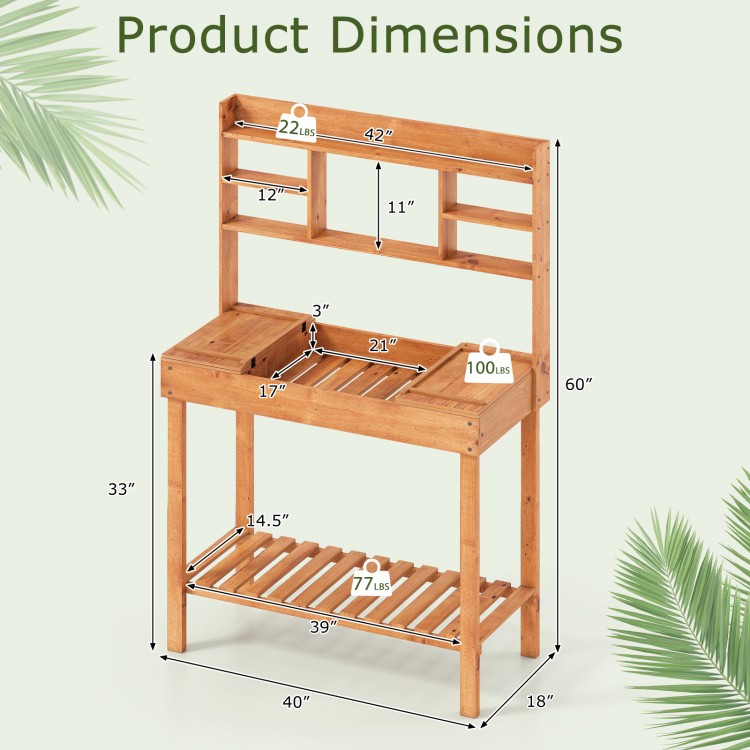 Wooden potting bench dimensions with 3-tier shelf and sturdy construction, ideal for gardens and patios.