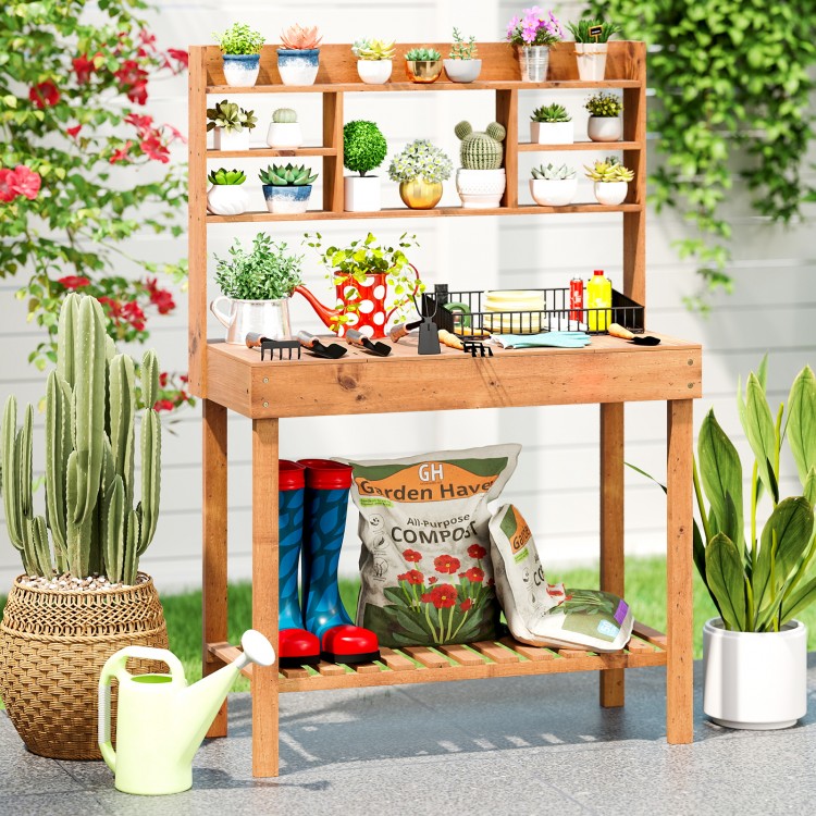 Wooden potting bench workstation with 3-tier shelf, ideal for gardening tasks and tool storage in outdoor or indoor.