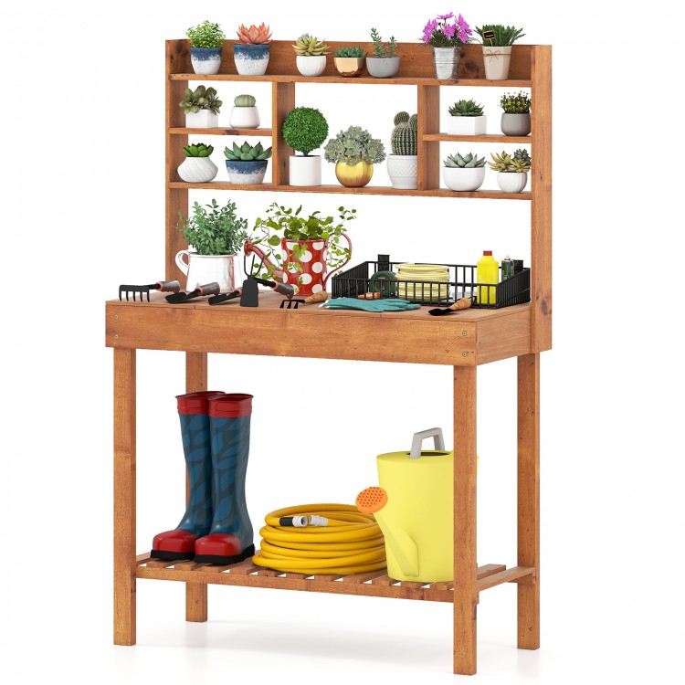 Wooden potting bench workstation with 3-tier shelf, sturdy construction, and ample storage for gardening tools and.